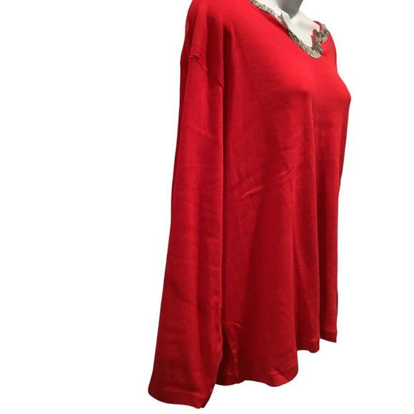 “NEW” QUACKER FACTORY RED COTTON LONG SLEEVE PULLOVER TOP W SEQUIN TRIM 3X NWT - Picture 3 of 7